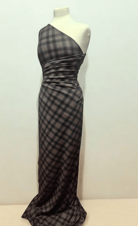 Mocha Black Diamond Check Print Spun Poly Stretch Fabric