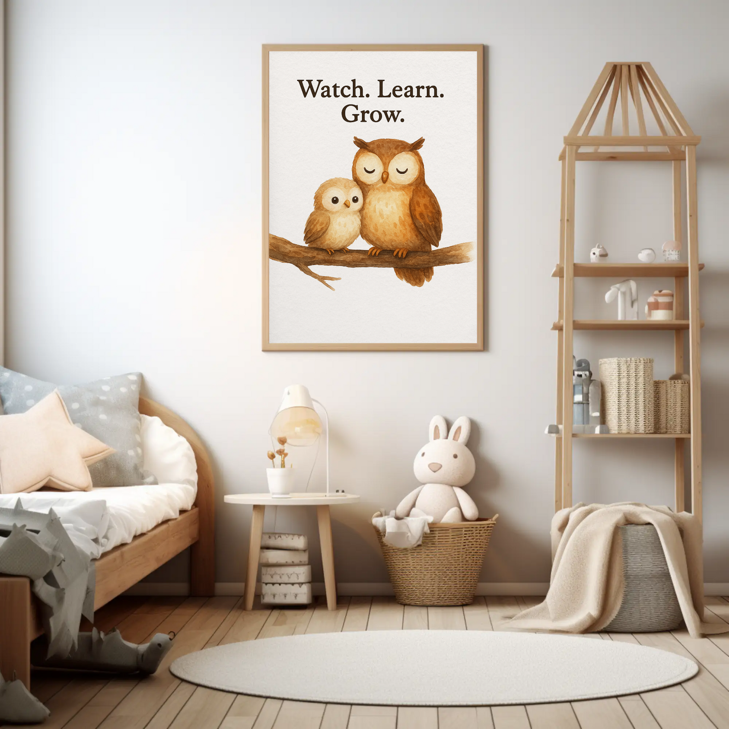 Watch Learn Grow Owl Family Woodland Watercolour Nursery Children's Room Wall Decor Print