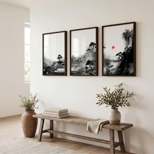 Modern Japanese Art Prints | Ink Landscape with Red Sun & Pine Trees | Set of 3