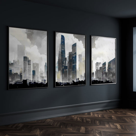Modern Wall Art For Living Room Uk | Set of 3 Urban Skyscrapers Wall art Prints