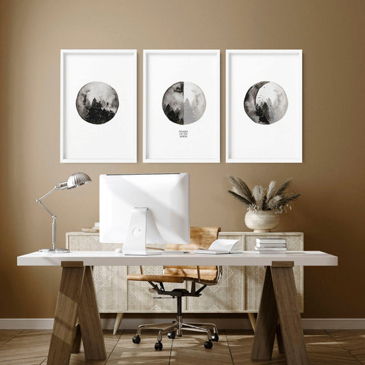 Moon phases wall art | Home office decor set of 3 prints