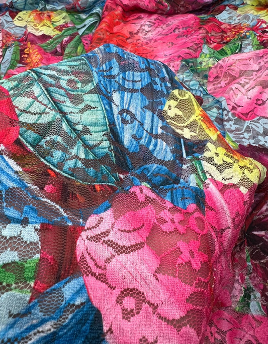 Multi Colour Vibrant Floral Lace Fabric Stretch