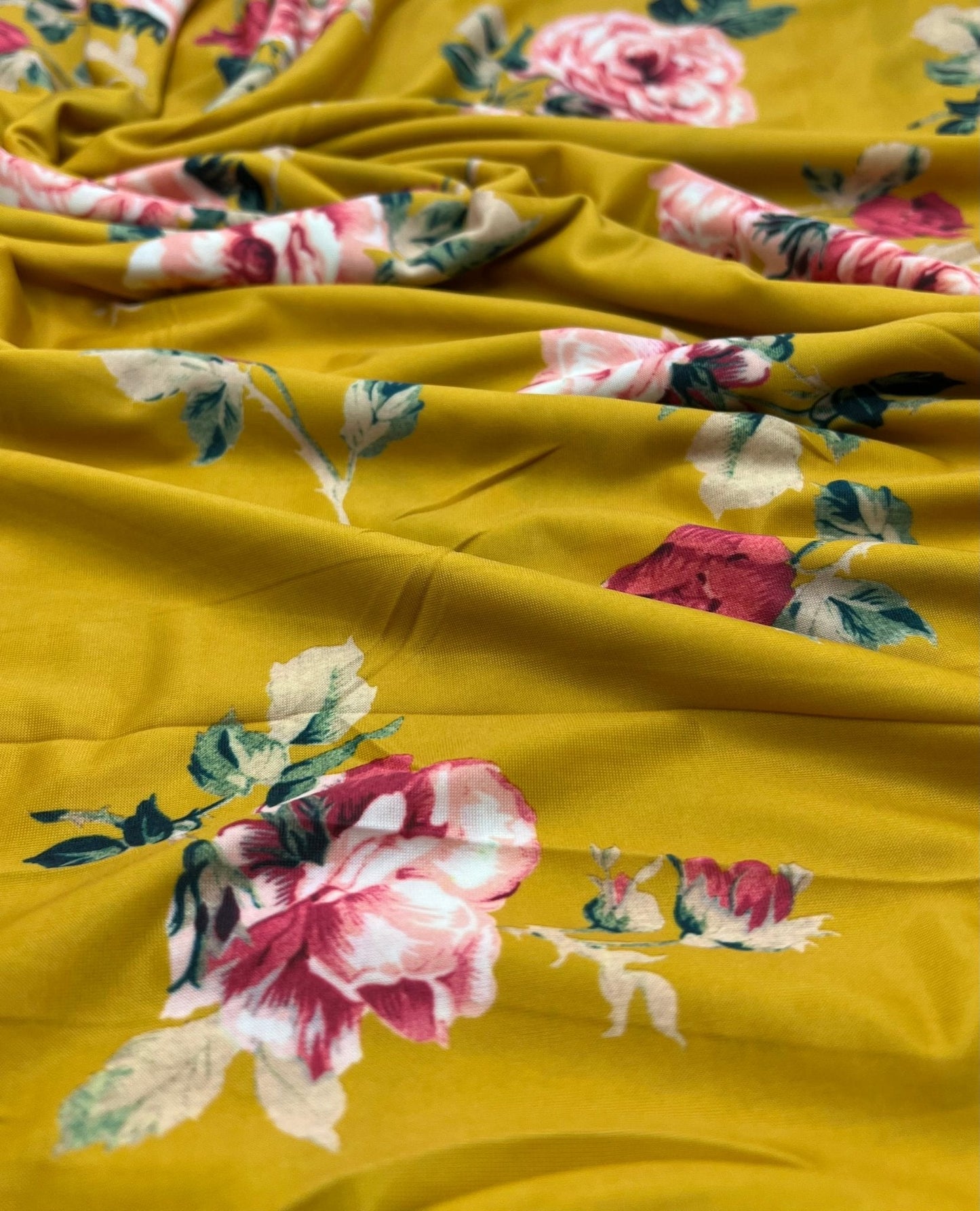 Mustard Yellow Floral Print Soft Touch 4 Way Stretch Fabric