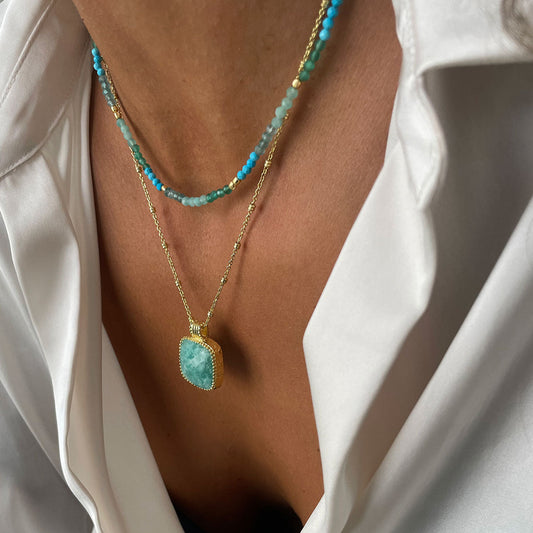 Milos Mixed Gemstone Beaded Necklace Amazonite, Copper Turquoise & Green Jade