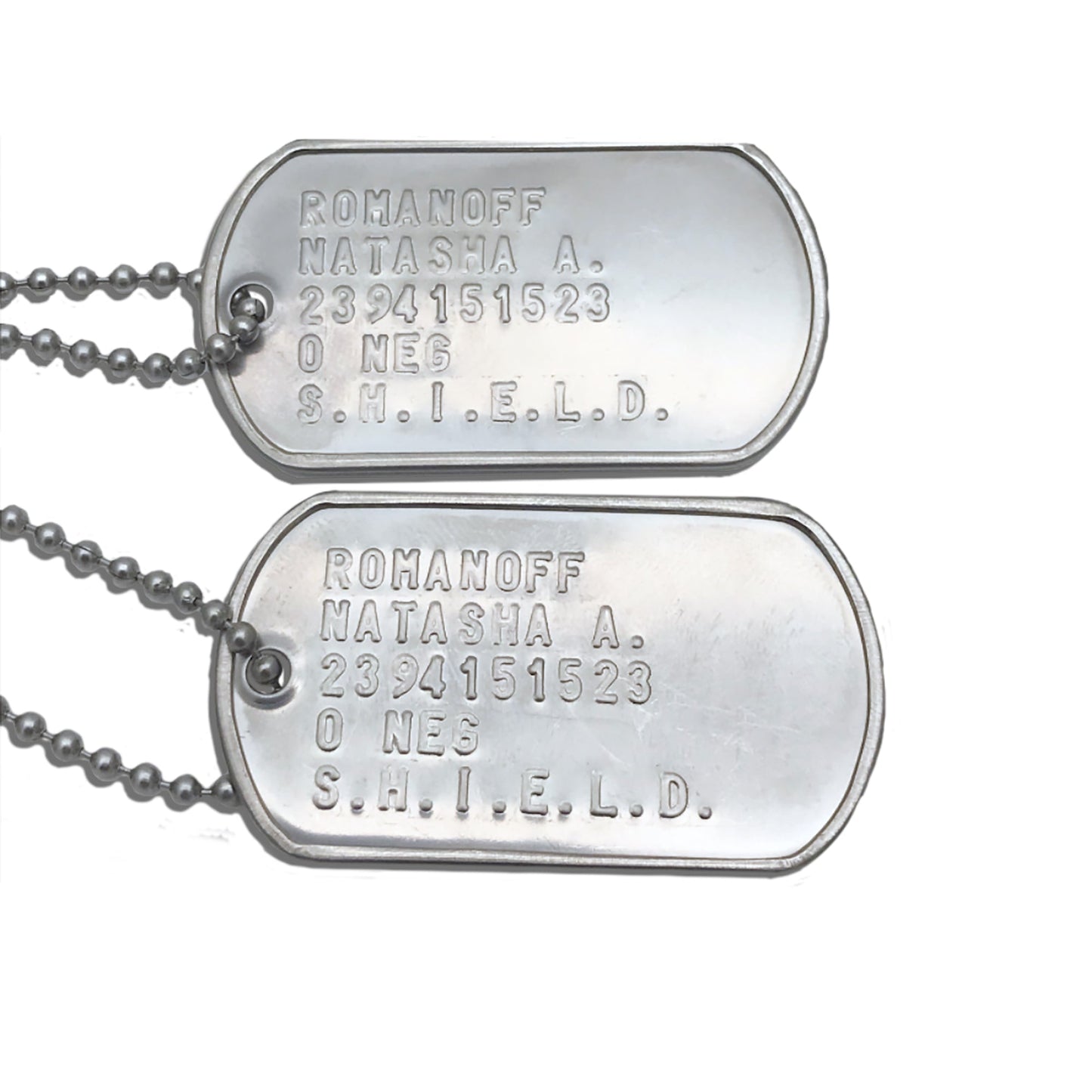 Natasha Romanoff 'BLACK WIDOW' Military Dog Tags - Costume Cosplay Prop Replica- Stainless Steel Chains Included