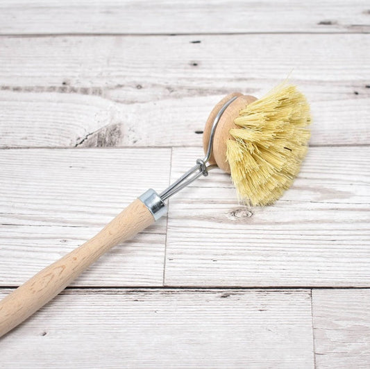 Natural Bristle Wooden Plastic Free Scrubbing Brush For Dishes, Eco Vegan Scrubber