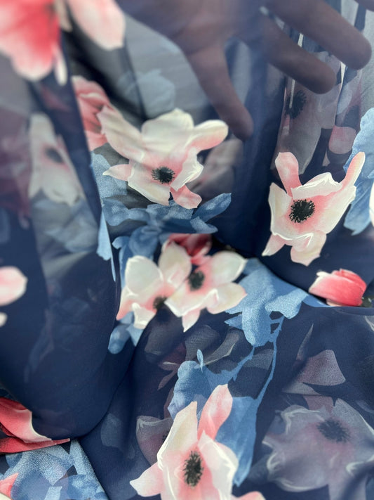 Navy Blooms Floral Printed Chiffon Dress Fabric