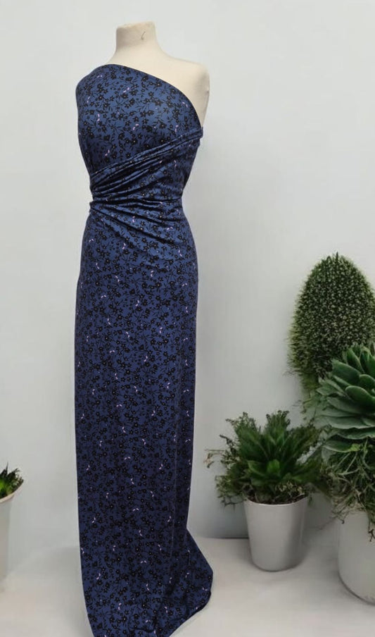 Navy Blue Ditsy Floral Print Viscose Elastane 4 Way Stretch Fabric