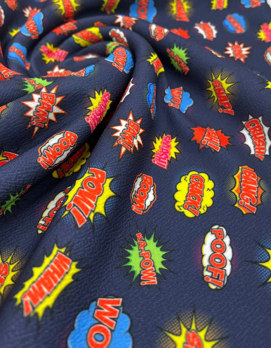 Navy Comic Print Liverpool Bullet Stretch Fabric
