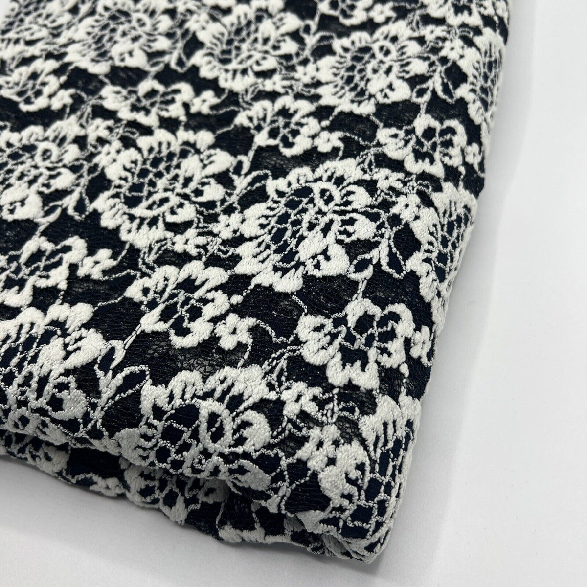 Navy Ivory Floral Textured Lace Fabric Stretch