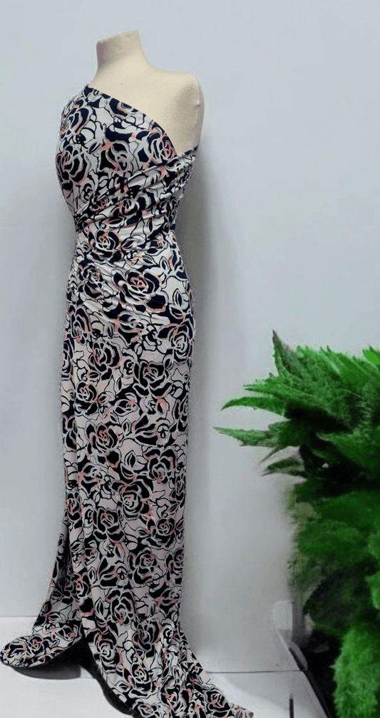 Navy Red Rose On White Print Soft Touch 4 Way Stretch Fabric