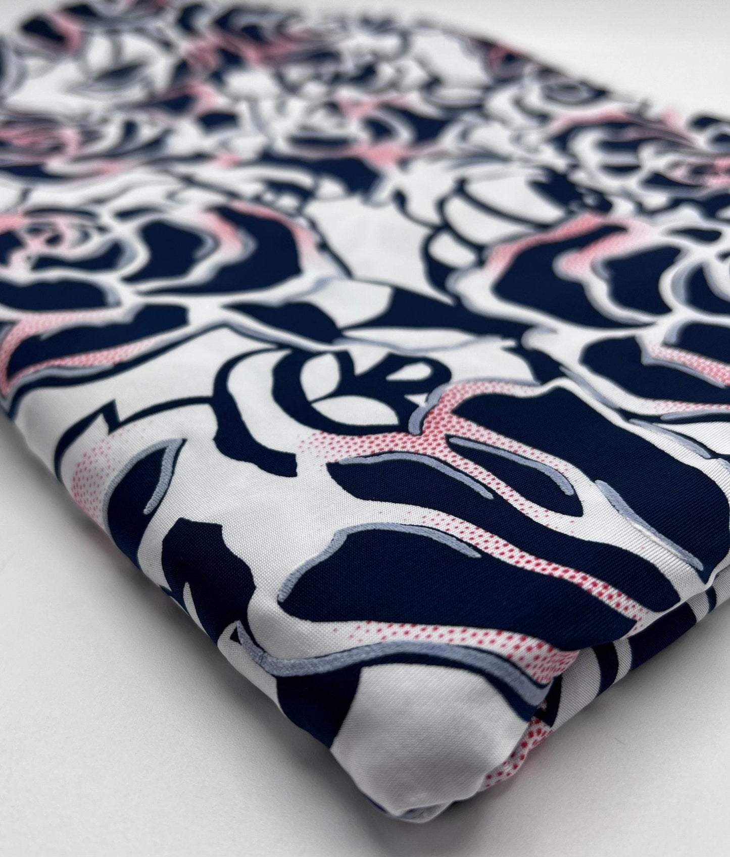 Navy Red Rose On White Print Soft Touch 4 Way Stretch Fabric