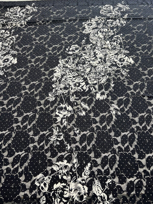 Navy White Flower Floral Lace Fabric Stretch