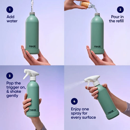Neat Refillable Cleaning Spray Bottle – Recycled Aluminium, 470ml (Stone, Midnight, Sage)