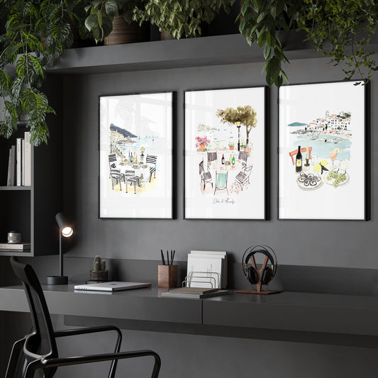 Office Wall Pictures Mediterranean Coastal Dining Watercolour Art | "Solo di Amalfi" | Set of 3