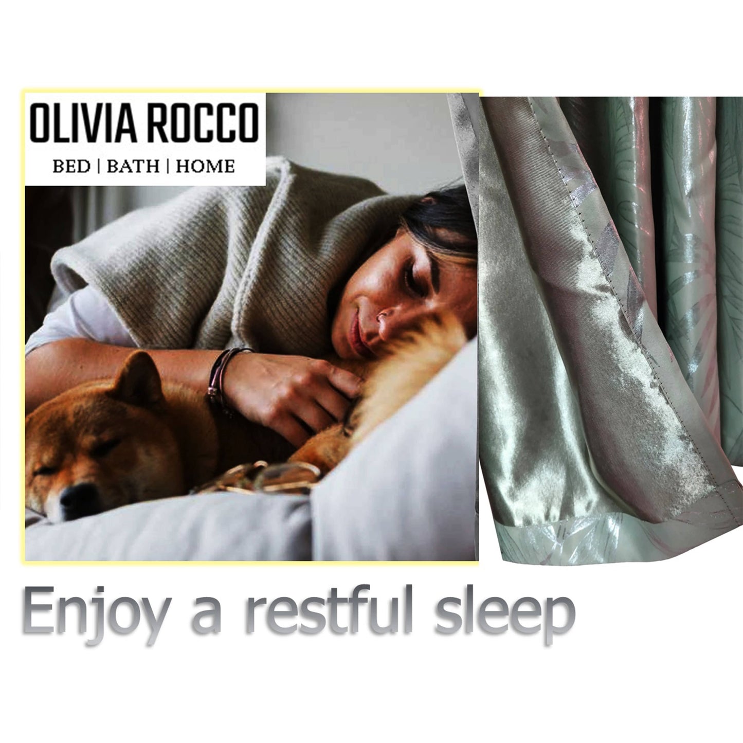 OLIVIA ROCCO Leaf Sage Green Sparkle Blackout Curtains With Thermal Insulation Eyelet