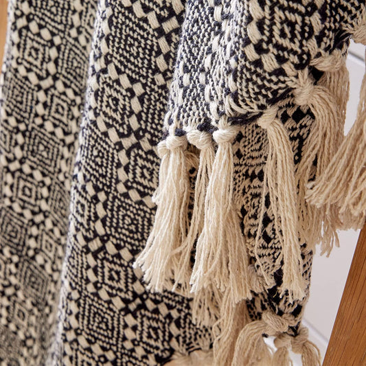 OLIVIA ROCCO Casablanca Check Design Recycled Cotton Throw Blanket With Tassels for Sofas and Beds