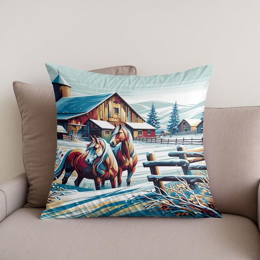 Whimsical Winter Farm Cotton Cushion