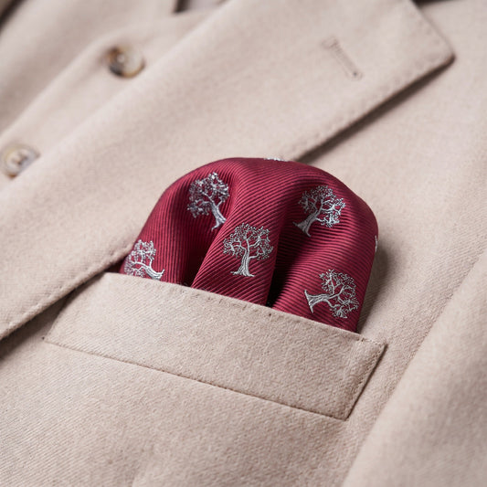 Tree Pocket Square Red & Silver