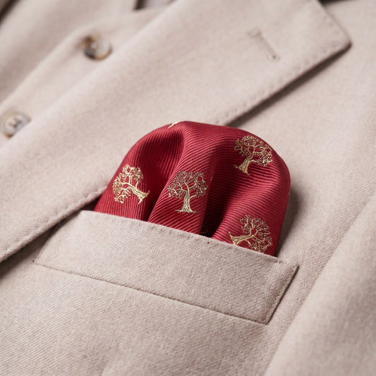Tree Pocket Square Red & Gold
