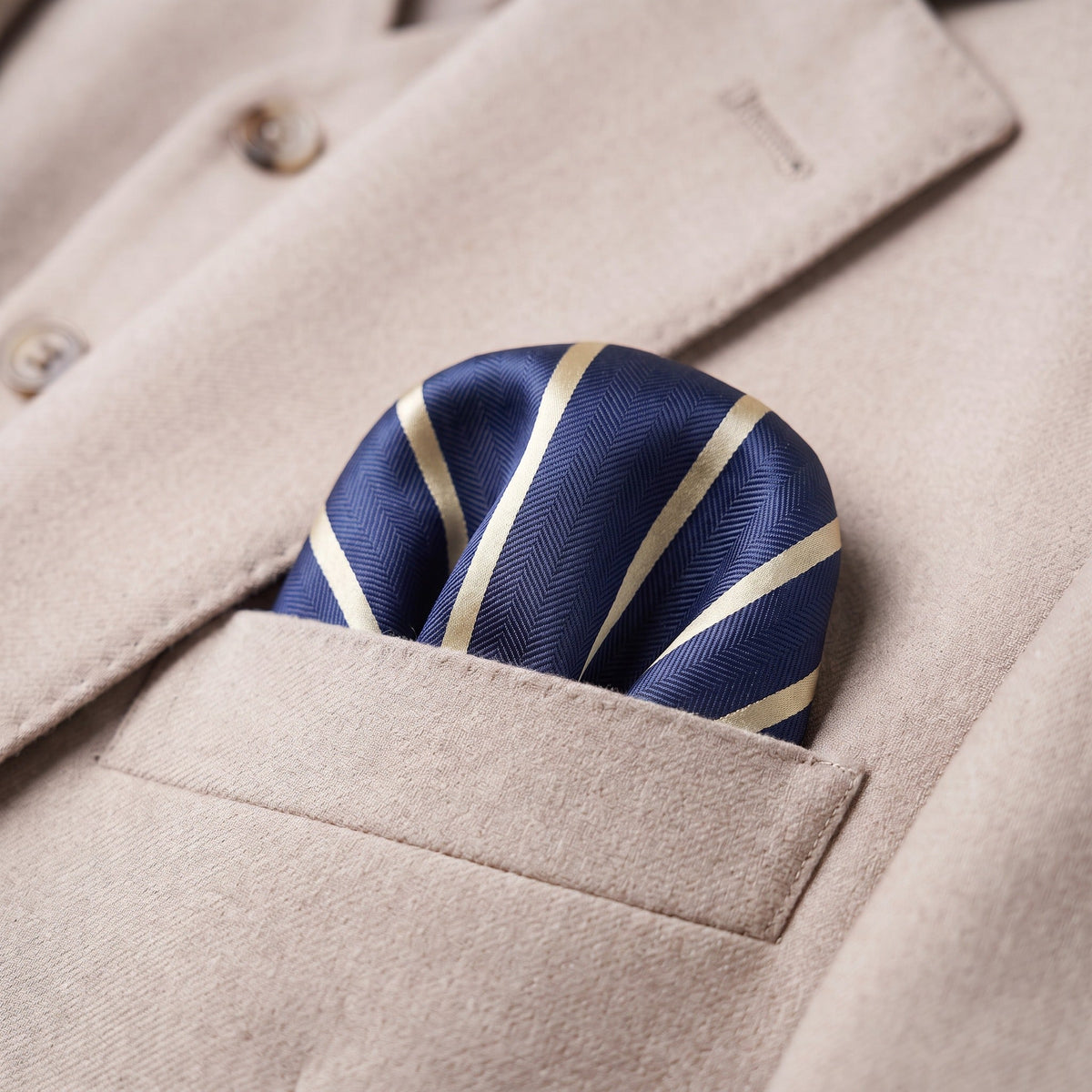 Navy Blue & Pale Yellow Stripe Pocket Square - Hawksmoor Edit