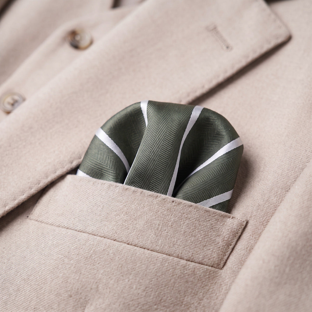 Khaki & White Stripe Pocket Square - Hawksmoor Edit