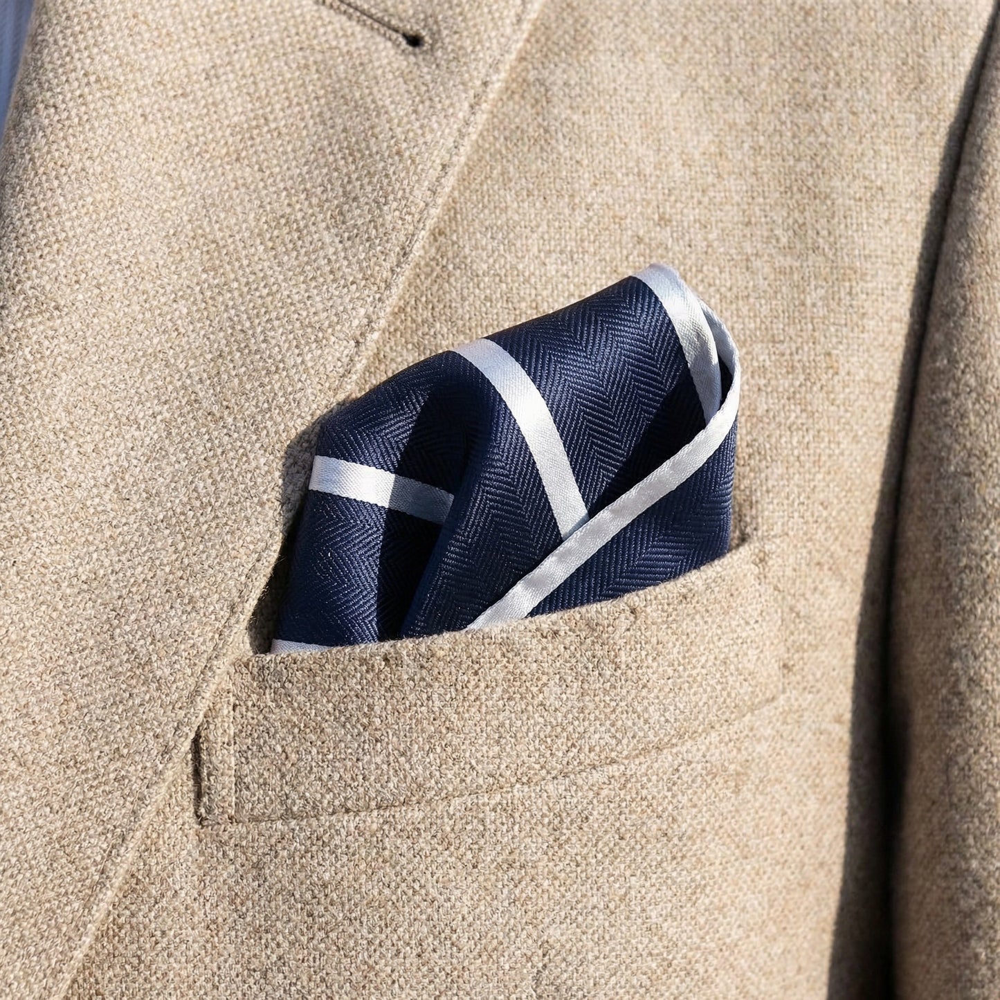 Navy Blue & White Stripe Pocket Square - Hawksmoor Edit