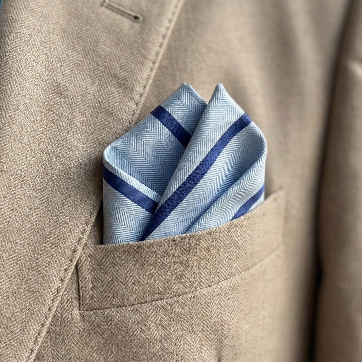 Light Blue & Navy Blue Stripe Pocket Square - Hawksmoor Edit