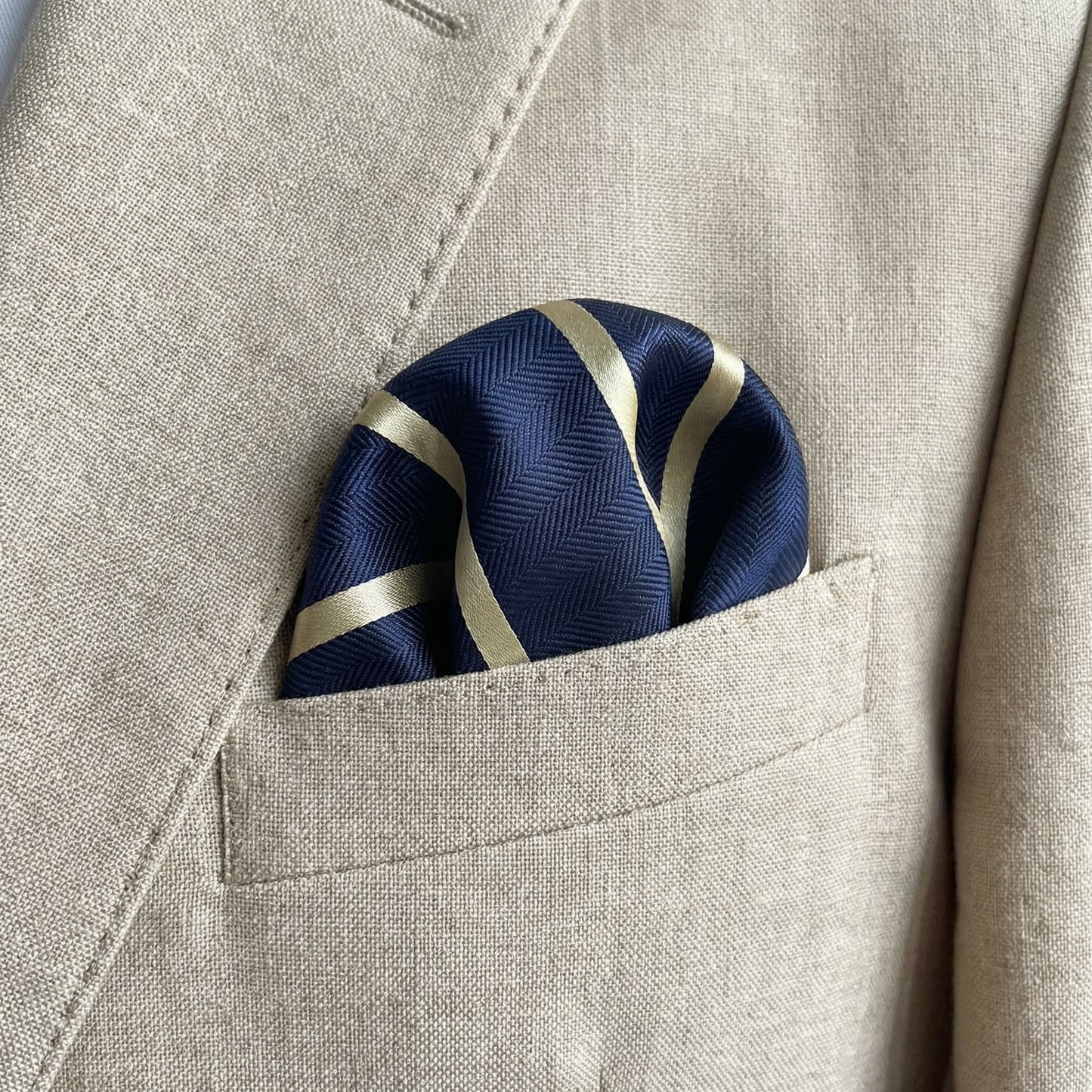 Navy Blue & Pale Yellow Stripe Pocket Square - Hawksmoor Edit