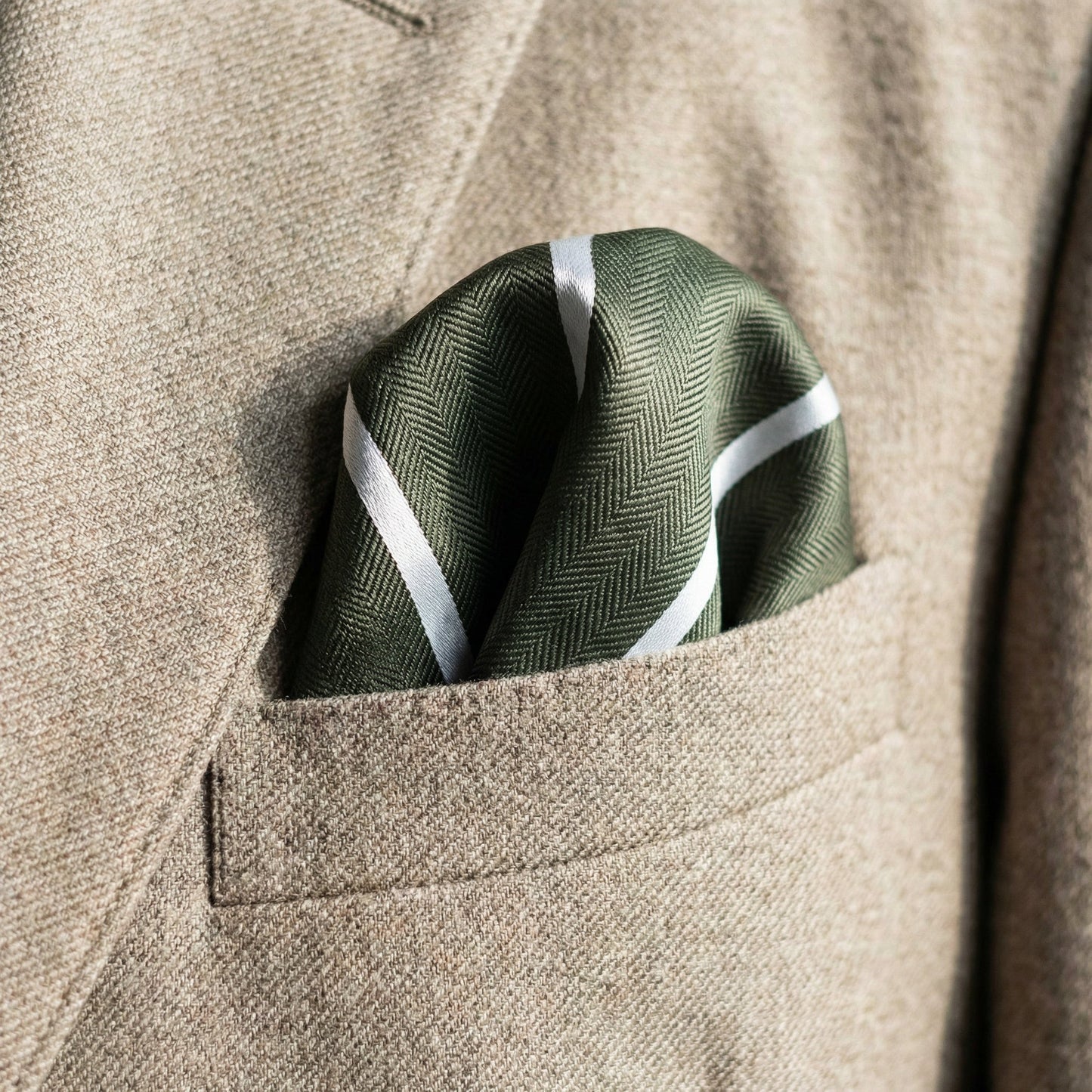 Khaki & White Stripe Pocket Square - Hawksmoor Edit