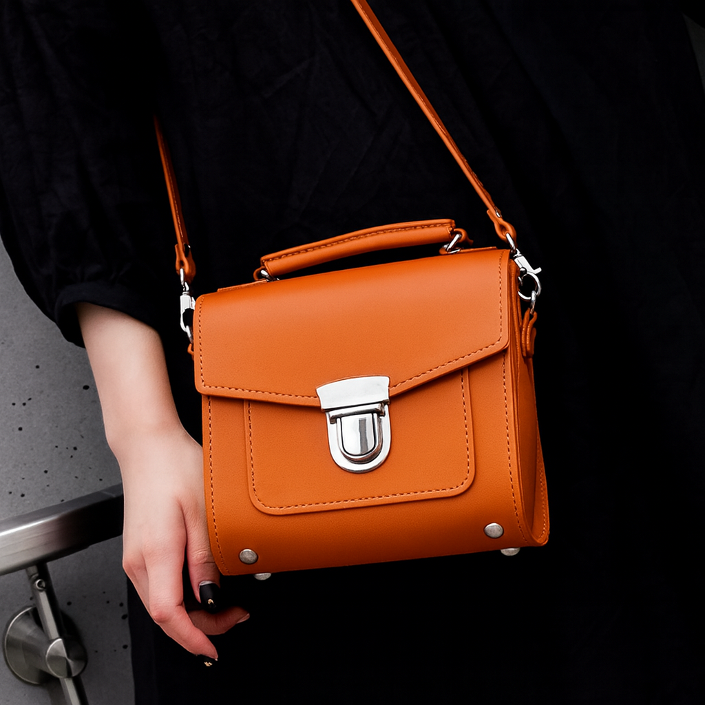 Handmade Leather Sugarcube Handbag - Orange