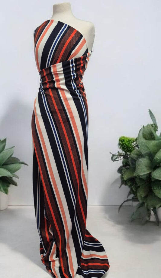 Orange Navy White Stripe Ponte Fabric