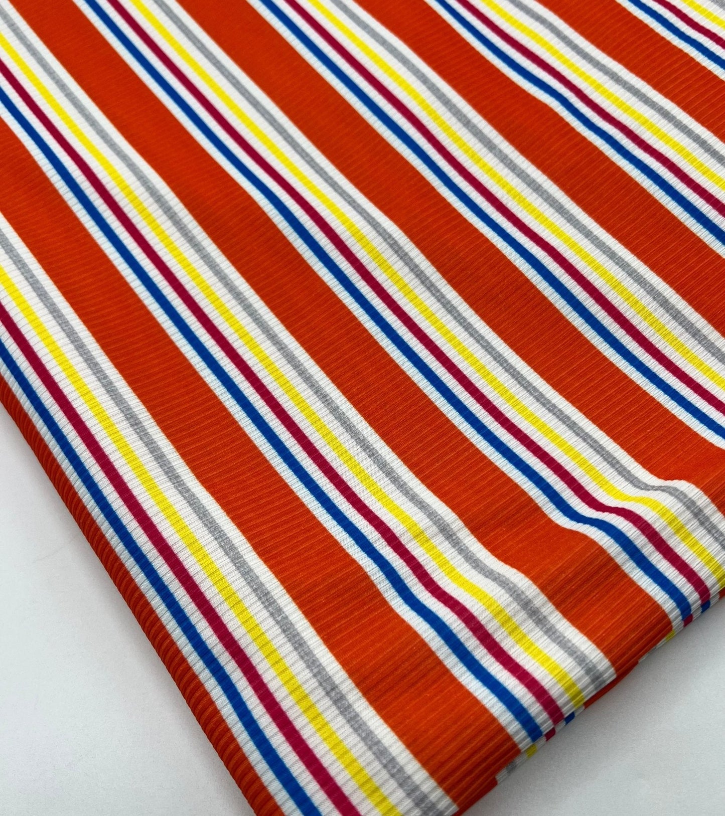 Orange Stripe Print 2X1 Fine Rib Stretch Fabric