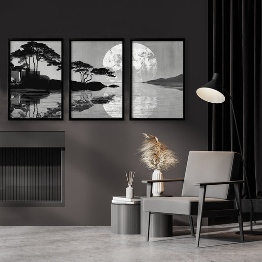 Oriental Home Decor Japanese Moonrise Landscape Wall Art Prints | Set of 3