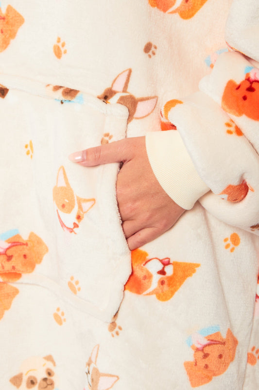 Oversized Hooded Reversible Sherpa Plush Fleece Blanket Hoodie with Adorable Dogs Print Ultra Soft Wearable Blanket for Adults and Kids One Size by Daisy Dreamer