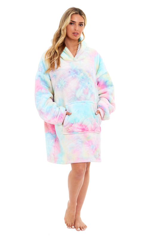 OLIVIA ROCCO Oversized Hooded Tie Dye Rainbow Plush Fleece Blanket With Reversible Sherpa Hoodie Sweatshirt For Adults And Kids Elastic Cuffs Pocket