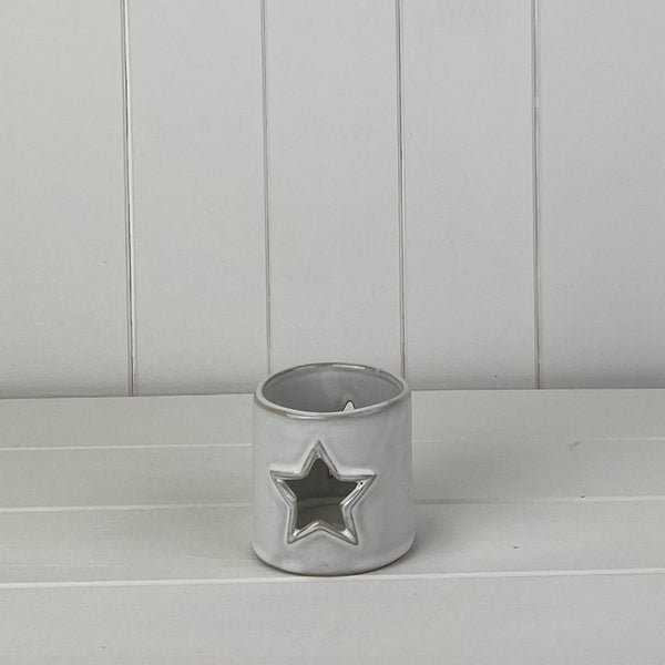 Glazed Ceramic Tealight Holder with Star Cut Out with Textured Detail L8.1xD7.8xH7.7cm Weight-192g