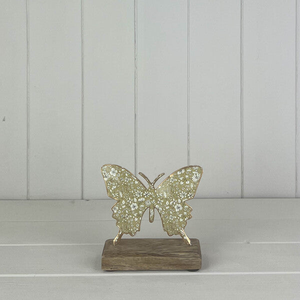 Light Green Metal Butterfly on Wooden Base 12x14x5cm