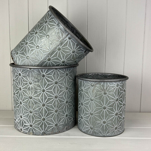 Embossed Daisy Designed Zinc Planters Set of 3