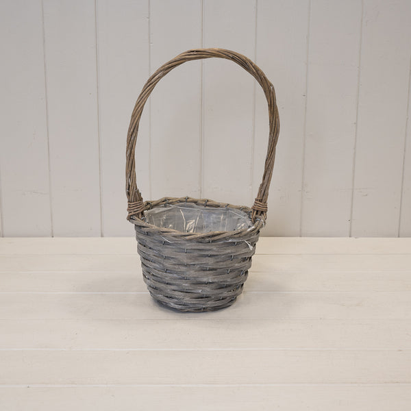 Round Greywashed Willow Basket with overhandle