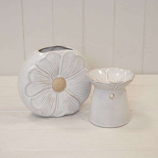 Natural Ceramic Vase with Flower Design 17.1cm x 6.9cm x 15.4cm