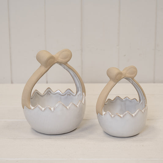Ceramic Easter Egg Basket White Glazed with Unglazed Bow Handle
