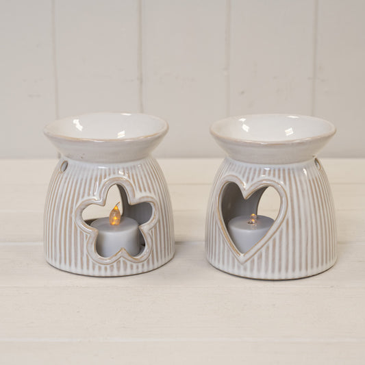 Natural Ceramic Oil Burner With Cut Out Heart Detail 10.1cm x 10cm x 10.2cm