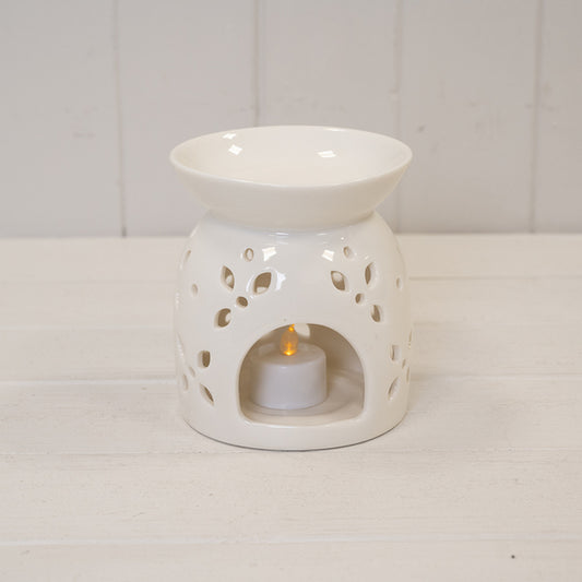 Large White Ceramic Glazed Oil Burner with Flower Petal Design
