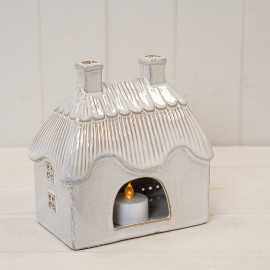 Natural Ceramic Thatch Roof House for Tealight 16cm x 10cm 16cm