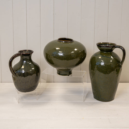 Green Ceramic Short Vase with Handle