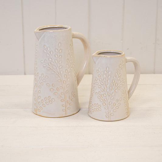 Large Ceramic Natural Jug with Olive Branch Design 14.6cm x 10.1cm x 17.1cm