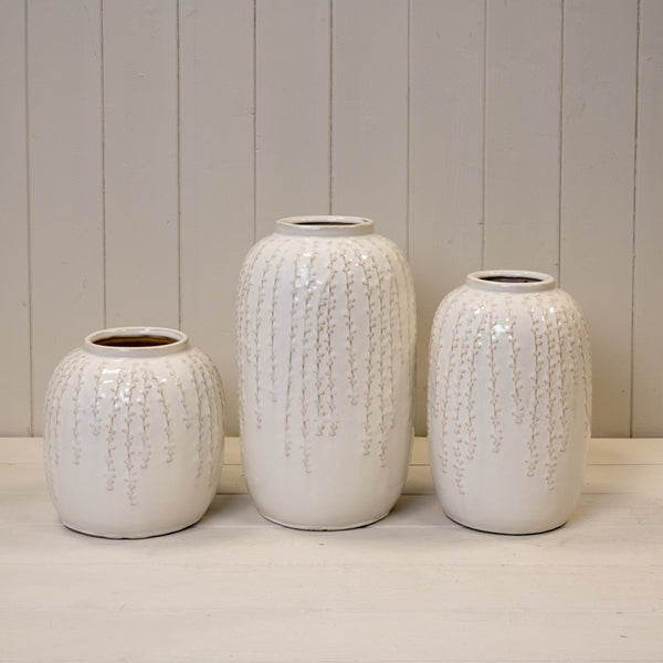 Large Cream Ceramic Ribbed Vase
