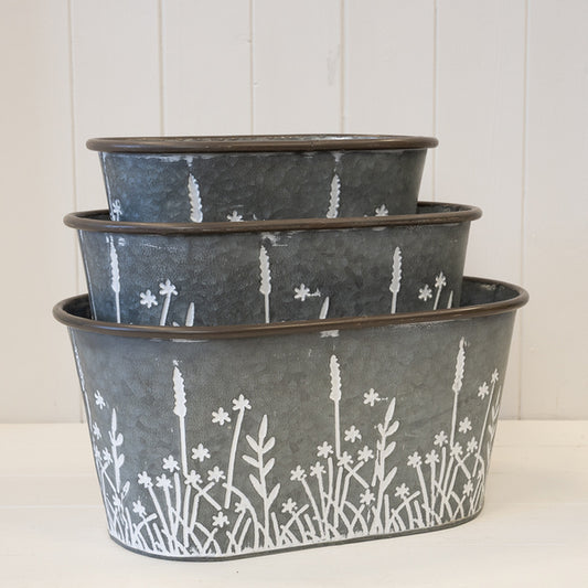 Set of Three Meadow Oval Zinc Planters