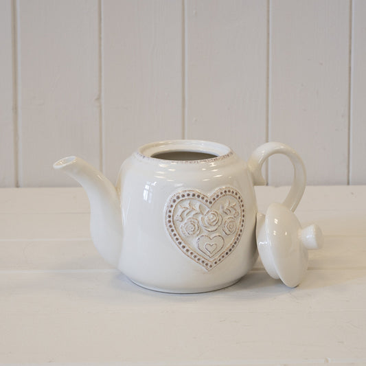 White Ceramic Teapot with Floral Heart Detail